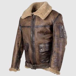 Mens Brown Shearling Distressed Leather Jacket