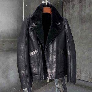 Tyler Distressed Shearling Black Fur Leather Jacket