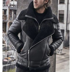 Men's Double Collar Biker Aviator Black Leather Jacket