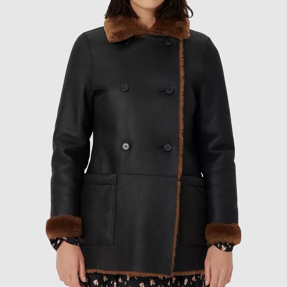 Black-Reversible-Real-Sheep-Shearling-Coat-min-1 Womens Black Double Breasted Shearling Leather Coat