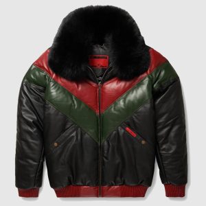 Two Tone Red Green Black V-Bomber Leather Jacket