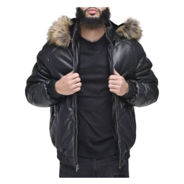 Men’s Black Faux Fur Detachable Hood Leather V Bomber Jacket