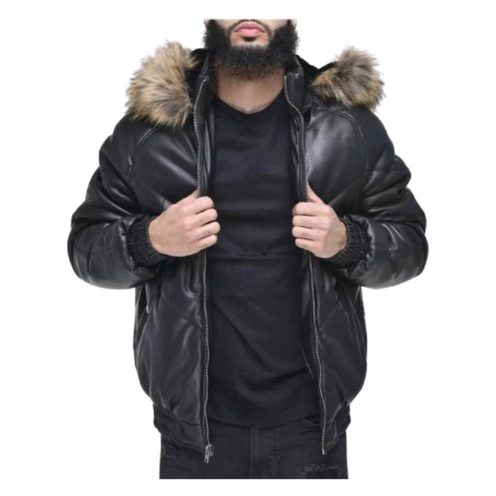 Men’s Black Faux Fur Detachable Hood Leather V Bomber Jacket Men’s Black Faux Fur Detachable Hood Leather V Bomber Jacket