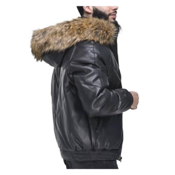 Men’s Black Faux Fur Detachable Hood Leather V Bomber Jacket