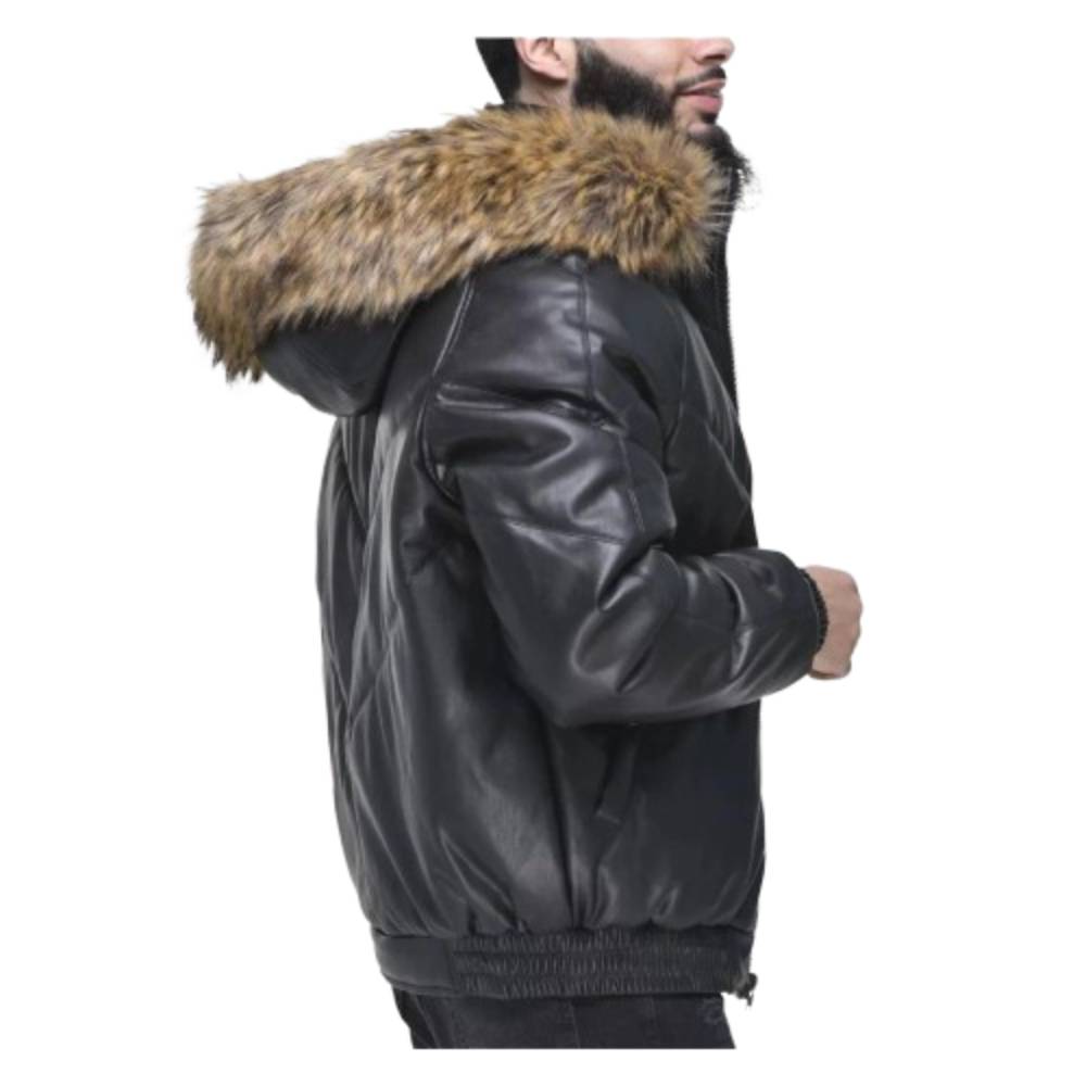 Men’s Black Faux Fur Detachable Hood Leather V Bomber Jacket Men’s Black Faux Fur Detachable Hood Leather V Bomber Jacket