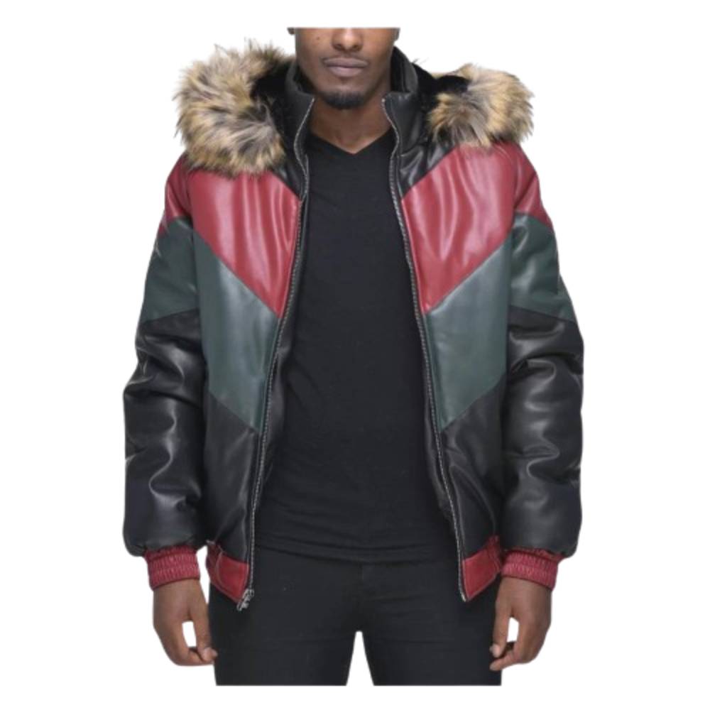 Men’s Faux Fur Detachable Hood V Bomber Leather Jacket Men’s Faux Fur Detachable Hood V Bomber Leather Jacket