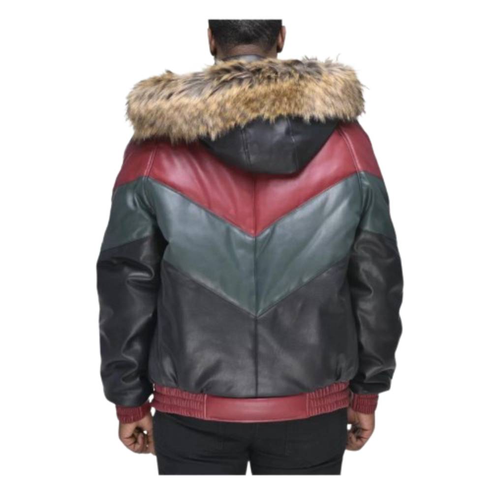 Men’s Faux Fur Detachable Hood V Bomber Leather Jacket Men’s Faux Fur Detachable Hood V Bomber Leather Jacket