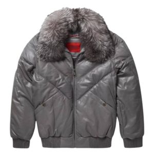 New Men V-Bomber Grey Leather Jacket With Silver Fox Fur